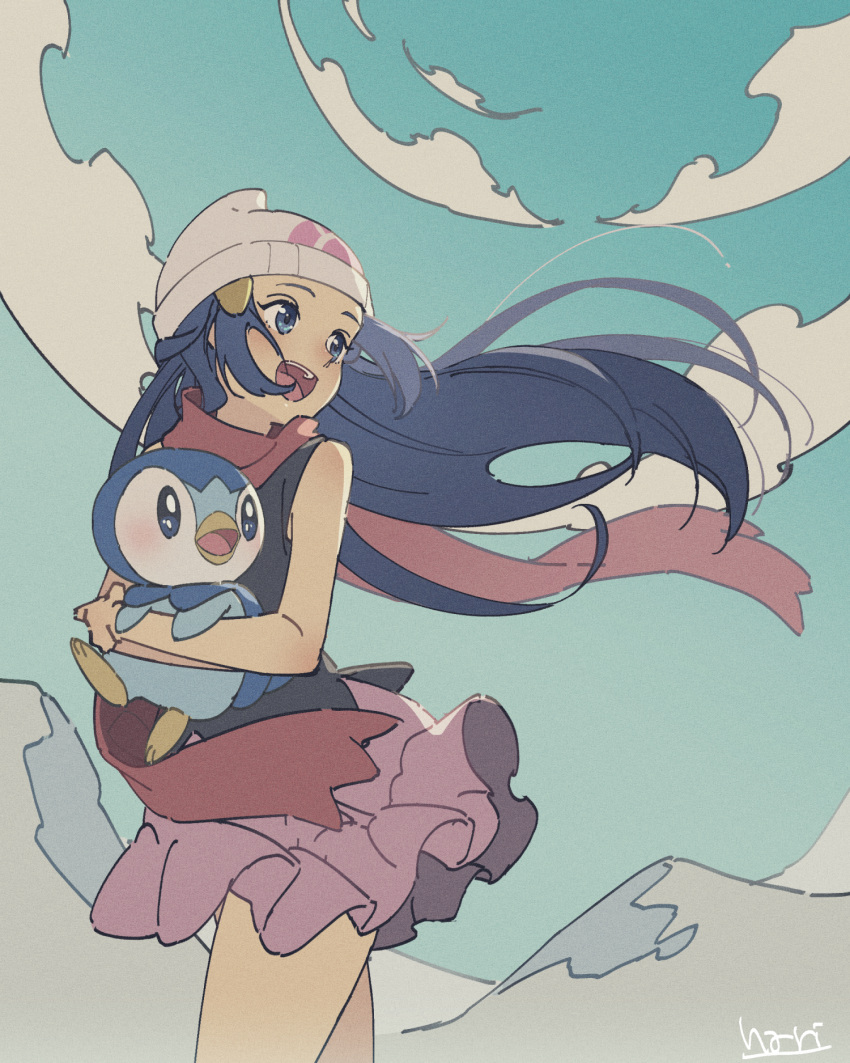 1girl :d bare_arms beanie blue_eyes commentary_request hikari_(pokemon) day floating_hair floating_scarf gen_4_pokemon hari611 hat highres holding holding_pokemon long_hair looking_back open_mouth outdoors piplup pokemon pokemon_(creature) pokemon_(game) pokemon_dppt red_scarf scarf signature smile starter_pokemon teeth tongue