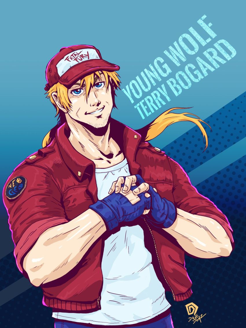 blonde_hair blue_background blue_eyes blue_gloves cracking_knuckles dave_domz fatal_fury gloves highres jacket looking_at_viewer neo_geo ponytail red_headwear red_jacket shirt signature smile snk t-shirt terry_bogard the_king_of_fighters