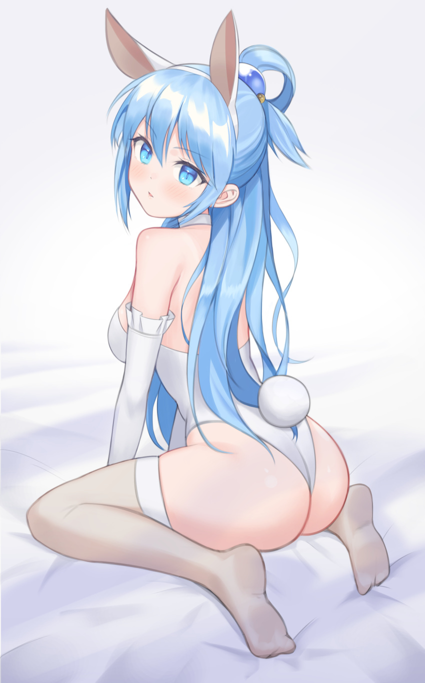 1girl absurdres animal_ears aqua_(konosuba) ass bangs bare_shoulders bed_sheet blue_eyes blue_hair blush breasts bunny_tail commentary fake_animal_ears frilled_gloves frills from_behind gloves haeil2 hair_rings highres kono_subarashii_sekai_ni_shukufuku_wo! leotard long_hair looking_at_viewer looking_back no_shoes parted_lips playboy_bunny rabbit_ears revision sitting skindentation solo tail thigh-highs wariza white_background white_leotard