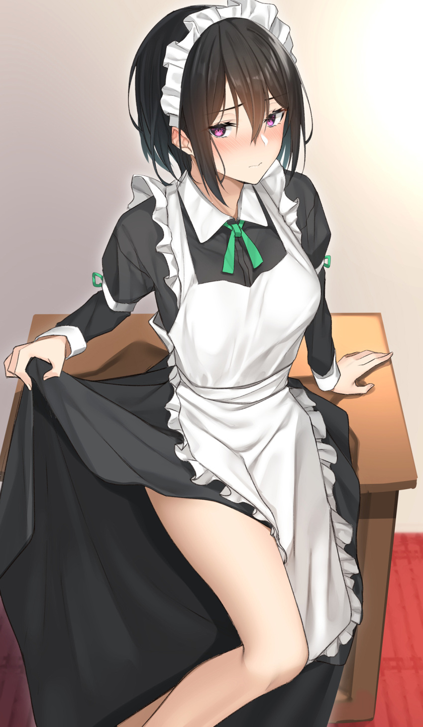1girl apron arm_support bangs bare_legs black_dress black_hair blush closed_mouth commentary_request desk dress dress_lift eyebrows_visible_through_hair feet_out_of_frame frilled_apron frills green_ribbon hair_between_eyes highres juliet_sleeves lifted_by_self long_sleeves looking_at_viewer maid maid_apron maid_headdress neck_ribbon original pallad puffy_sleeves ribbon short_hair sitting solo violet_eyes white_apron