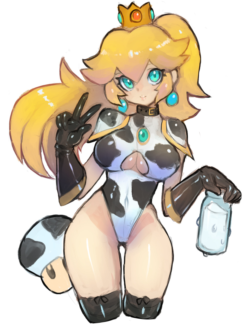 1girl alternate_costume animal_costume animal_print black_gloves blonde_hair blue_eyes blush breasts cleavage_cutout clothing_cutout cow_costume cow_girl cow_print crown dakusuta earrings gloves highleg highleg_leotard highres jewelry large_breasts leotard long_hair looking_at_viewer super_mario_bros. milk ponytail princess_peach simple_background smile solo