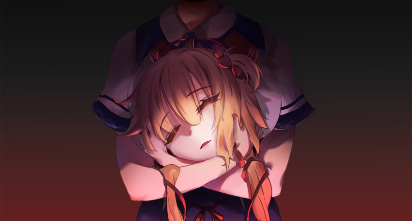 akai_haato blonde_hair breasts closed_eyes collared_shirt crossed_arms eyebrows_visible_through_hair gradient gradient_background grenouilll hair_ornament hair_ribbon headless heart heart_hair_ornament highres holding_head hololive large_breasts red_ribbon ribbon sailor_collar school_uniform severed_head shirt short_sleeves twintails virtual_youtuber white_shirt