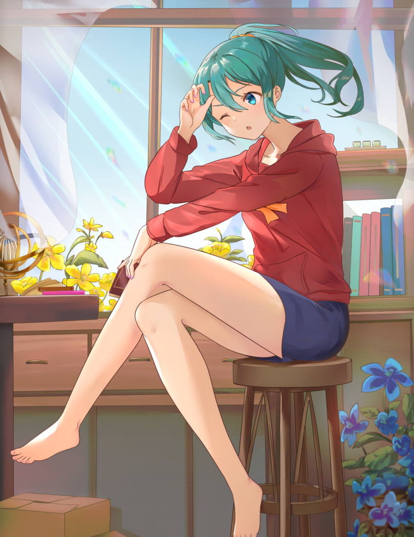 1girl ;o bangs barefoot blue_eyes blue_flower blue_skirt commentary_request curtains eyebrows_visible_through_hair flower green_hair hair_between_eyes highres hood hood_down hoodie indoors long_hair long_sleeves mosta_(lo1777789) one_eye_closed original parted_lips ponytail red_hoodie sitting skirt solo stool transparent window yellow_flower