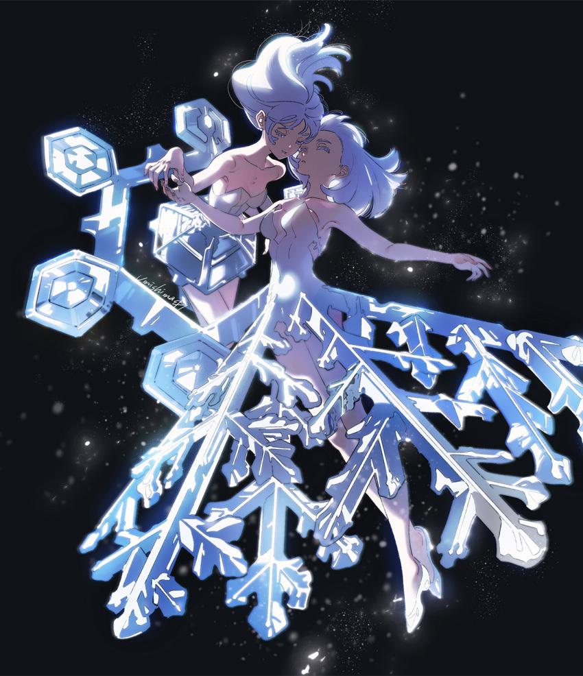 2girls bare_legs bare_shoulders black_background breasts closed_eyes collarbone covered_navel dress full_body highres ice_crystal long_hair medium_breasts multiple_girls original shoes signature snowflakes strapless strapless_dress umishima_senbon white_footwear white_hair