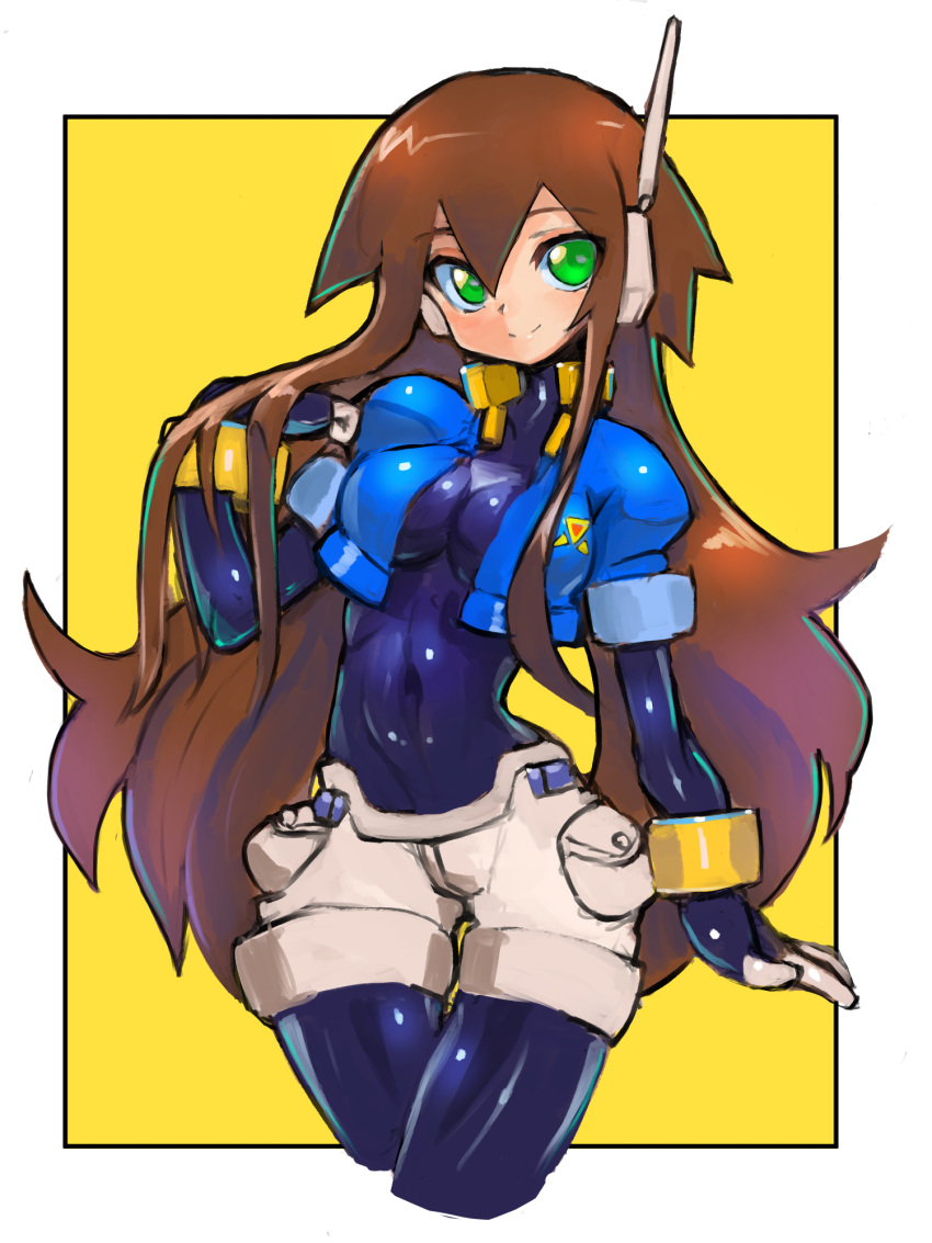 1girl aile_(rockman) bangs blush bodystocking bodysuit bracelet breasts brown_hair covered_navel cropped_jacket dakusuta facing_viewer gloves green_eyes hair_between_eyes hair_down hand_in_hair highres jewelry long_hair looking_at_viewer puffy_short_sleeves puffy_sleeves robot_ears rockman rockman_zx rockman_zx_advent short_sleeves shorts simple_background skin_tight smile solo spandex yellow_background