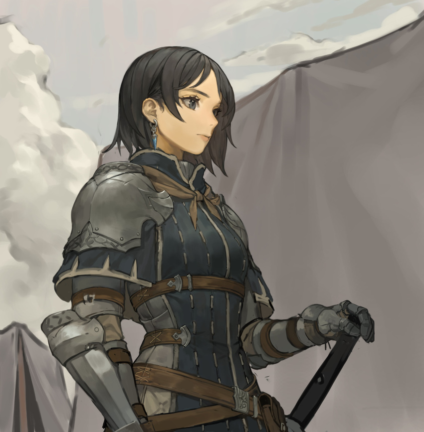 1girl absurdres armor belt belt_pouch black_hair closed_mouth clouds controlline3 earrings gauntlets grey_eyes hand_on_hilt hand_on_weapon highres jewelry knight original outdoors pauldrons pouch scratches short_hair shoulder_armor single_earring smoke solo sword tent vambraces weapon