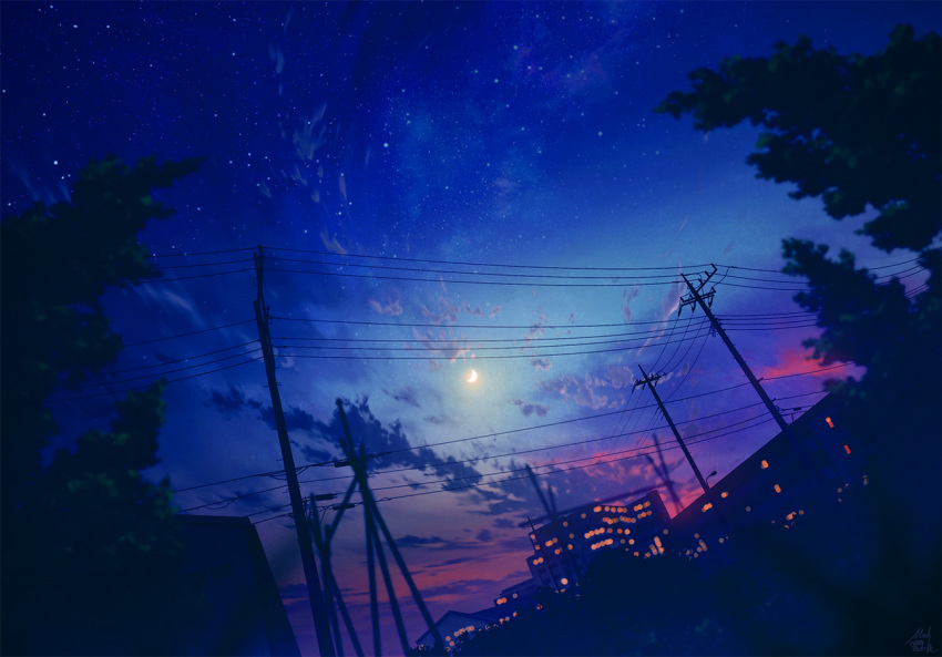 blurry blurry_foreground building clouds commentary_request crescent_moon depth_of_field dutch_angle mocha_(cotton) moon night night_sky no_humans original outdoors power_lines scenery signature sky star_(sky) starry_sky sunset tree utility_pole