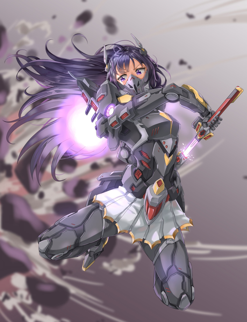 1girl armored_skirt blurry blurry_background dulldull explosion flying full_body glowing glowing_sword glowing_weapon headgear highres joints jumping king's_raid long_hair mask mecha_musume power_armor purple_hair scabbard science_fiction seria_(king's_raid) sheath skirt solo sword thrusters unsheathing very_long_hair violet_eyes weapon window