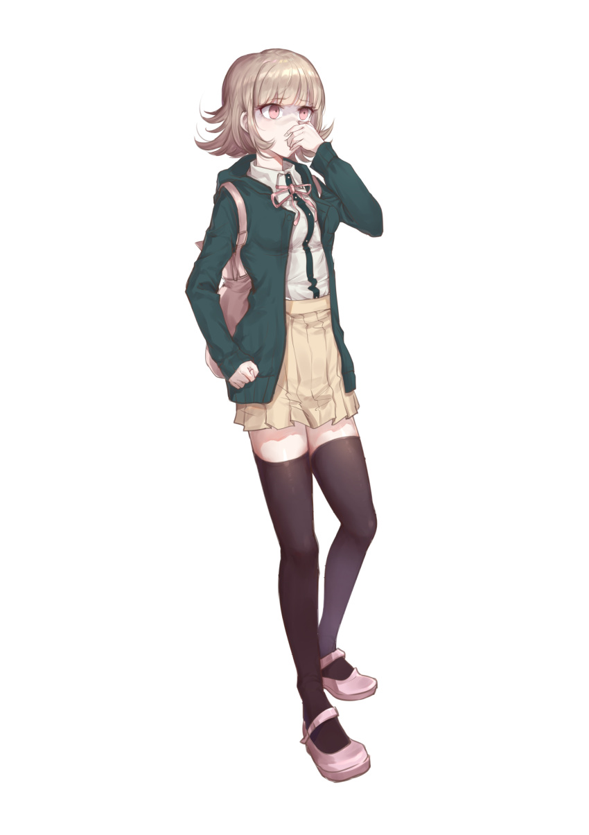 1girl absurdres backpack bag bangs black_jacket black_legwear black_shirt blunt_bangs breasts brown_hair cat_bag commentary_request covering_mouth dangan_ronpa_(series) dangan_ronpa_2:_goodbye_despair eyebrows_visible_through_hair flipped_hair full_body hand_over_own_mouth hand_up highres hood jacket kaer_sasi_dianxia long_sleeves looking_at_viewer medium_breasts medium_hair nanami_chiaki open_clothes open_jacket pink_bag pink_eyes pink_footwear pleated_skirt red_eyes ribbon shaded_face shirt shirt_tucked_in shoes simple_background skirt solo standing thigh-highs two-tone_shirt white_background white_shirt zettai_ryouiki