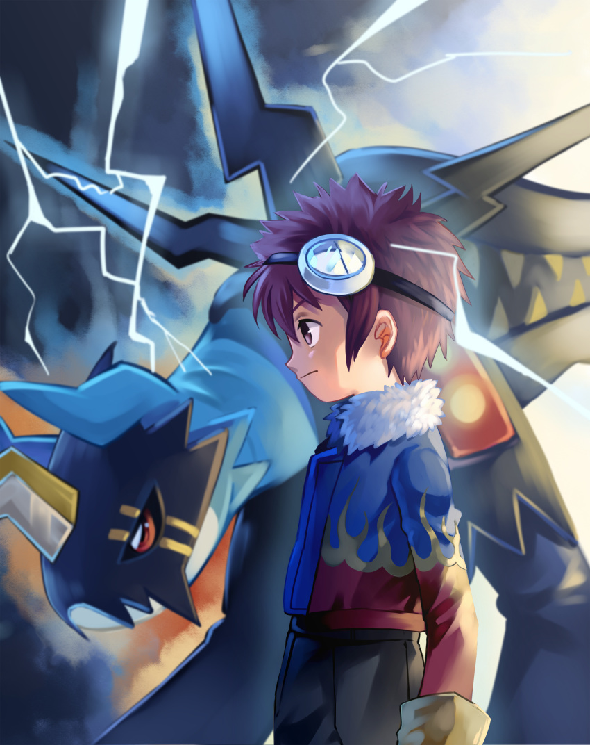 1boy absurdres aokiku bangs black_pants blue_jacket blue_skin brown_hair closed_mouth colored_skin commentary_request digimon digimon_x-evolution electricity from_side frown fur-trimmed_jacket fur_trim gloves goggles goggles_on_head highres jacket lighdramon long_sleeves male_focus motomiya_daisuke pants profile red_jacket short_hair spiky_hair two-tone_jacket