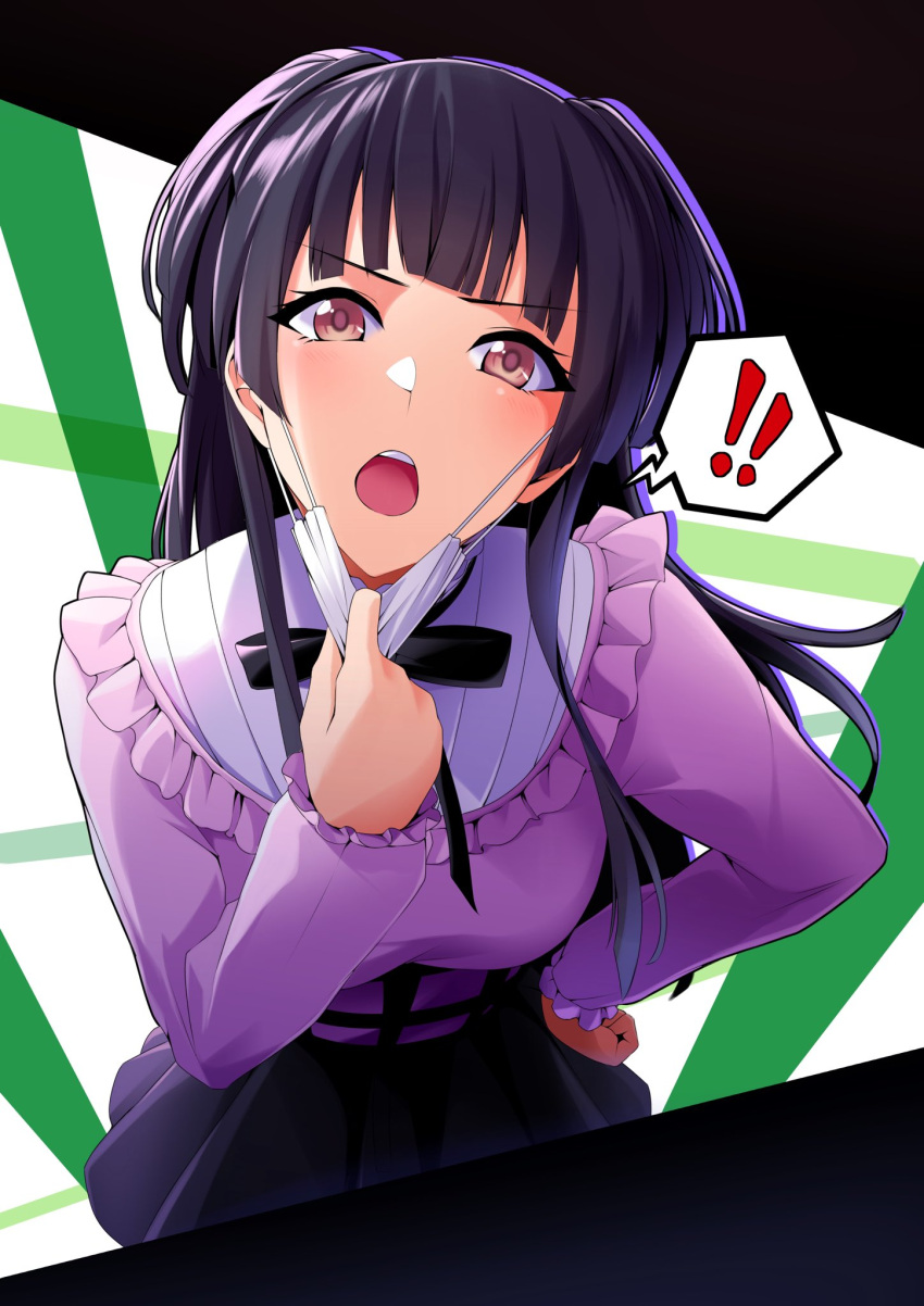 !! 1girl bangs black_hair black_neckwear black_skirt blue_shirt blunt_bangs bow bowtie breasts cowboy_shot eyebrows_visible_through_hair grey_eyes hand_on_hip hand_up highres idolmaster idolmaster_shiny_colors leaning_forward long_hair long_sleeves looking_at_viewer mask_pull mayuzumi_fuyuko medium_breasts open_mouth shirt skirt solo standing takagi_mitsukuni tongue two_side_up upper_teeth