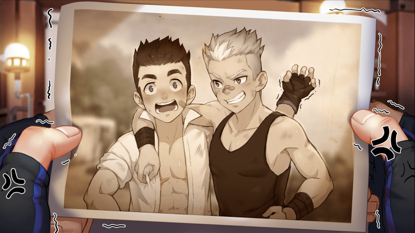 2boys arm_around_shoulder artist_request black_tank_top blush child eddie_(gyee) gyee highres holding male_focus miles_(gyee) multiple_boys official_art open_clothes open_shirt photo_(object) short_hair smile spiky_hair tank_top toned toned_male upper_body