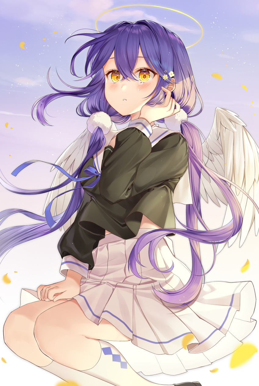 1girl absurdres angel angel_wings black_shirt feathered_wings hair_between_eyes hair_ornament halo hand_up highres ion_(on01e) kneehighs long_hair long_sleeves low_twintails midriff_peek original parted_lips pleated_skirt purple_hair sailor_collar shirt shirt_overhang skirt solo tears twintails very_long_hair white_legwear white_skirt wings yellow_eyes