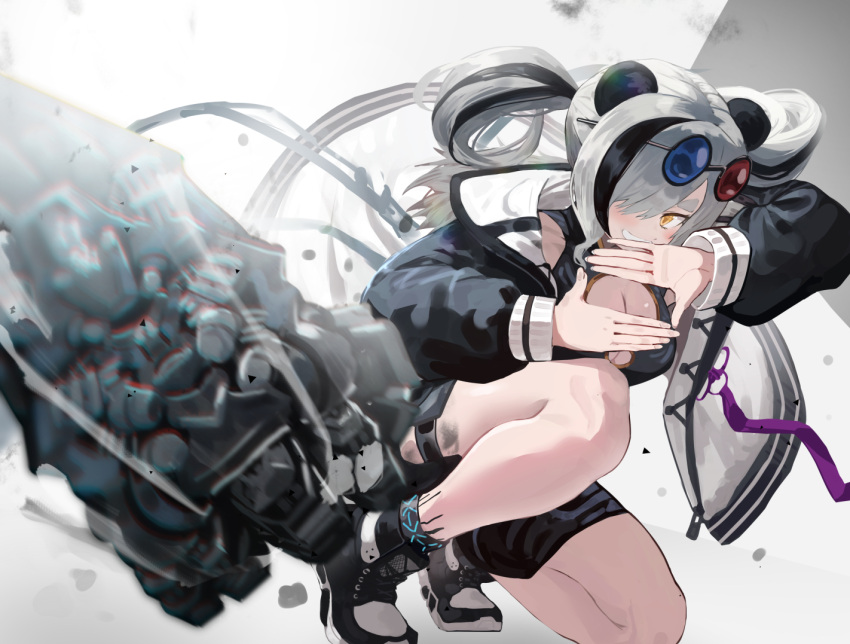 1girl animal_ears arknights black_hair breasts china_dress chinese_clothes cleavage_cutout clothing_cutout dress eyewear_on_head feater_(arknights) finger_frame grey_hair jacket large_breasts mannouyakunta multicolored_hair oripathy_lesion_(arknights) panda_ears power_fist shoes smile sneakers streaked_hair sunglasses twintails yellow_eyes