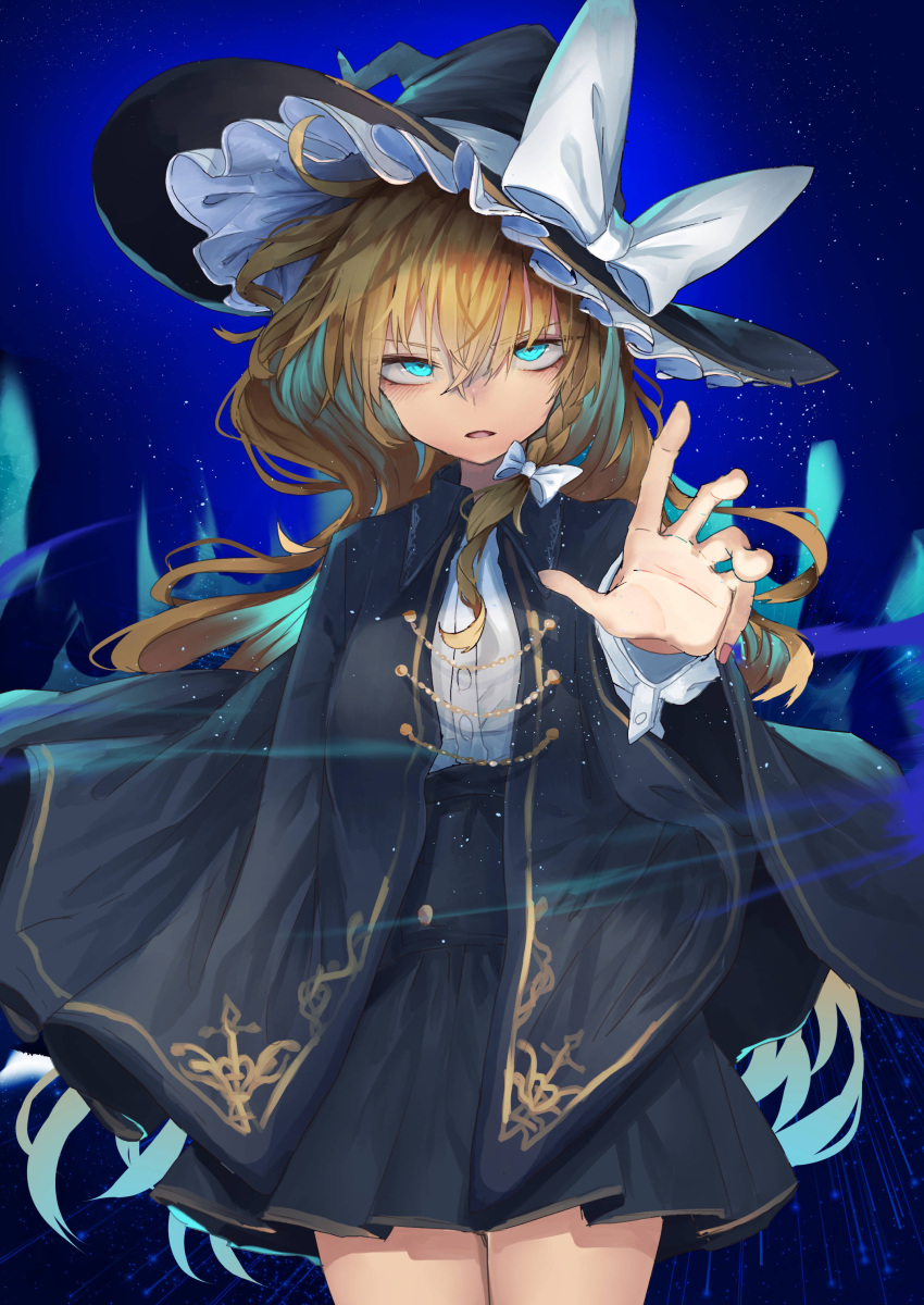 1girl absurdres alternate_costume alternate_eye_color black_cloak black_dress black_headwear blonde_hair blue_background blue_eyes bow braid breasts cloak cowboy_shot dress eyebrows_visible_through_hair gradient gradient_background hair_between_eyes hair_bow hair_ribbon hat hat_bow highres kirisame_marisa long_hair looking_at_viewer murayo parted_lips reaching_out ribbon serious side_braid simple_background single_braid small_breasts solo standing touhou tress_ribbon very_long_hair white_bow witch_hat