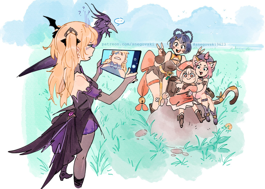 ... 4girls ? ahoge animal_ears backpack bag bare_shoulders bell bird black_hair blonde_hair cat_ears cat_tail commentary confused crossed_bandaids diona_(genshin_impact) double_v english_commentary fischl_(genshin_impact) flower genshin_impact grass hair_rings hat highres holding klee_(genshin_impact) long_hair looking_at_another multiple_girls open_mouth oz_(genshin_impact) patreon_username pink_hair pointy_ears pose raven_(animal) red_eyes rock short_hair sitting snegovski9623 spoken_ellipsis tail twitter_username two_side_up v xiangling_(genshin_impact)