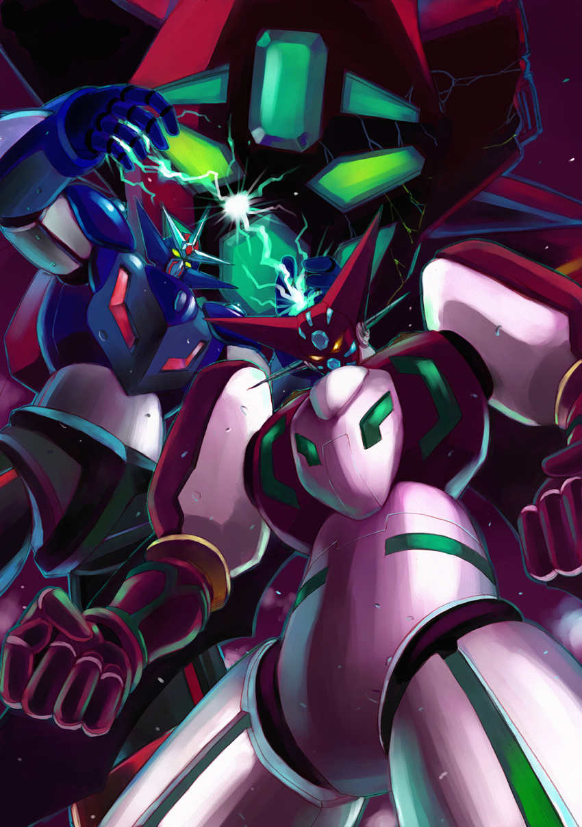 clenched_hands electricity getter-1 getter_go getter_robo getter_robo_go glowing glowing_eyes green_eyes highres hinoki_kazushi horns looking_down mecha no_humans open_hands science_fiction shin_getter-1 shin_getter_robo yellow_eyes