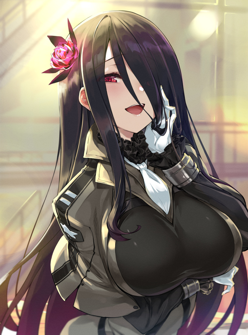 1girl ash_arms black_hair breasts eyebrows_visible_through_hair eyes_visible_through_hair flower frills gloves hair_flower hair_ornament hair_over_one_eye highres ichimasa_game large_breasts long_hair looking_at_viewer open_mouth p-61a_black_widow_(ash_arms) pink_flower railing red_eyes smile solo stairs teeth tongue upper_teeth white_gloves white_neckwear