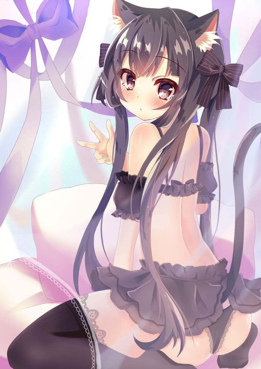 1girl absurdres akashiro_hana animal_ears bangs bare_arms bare_back bare_legs bare_shoulders black_bow black_hair black_underskirt blush body_pillow bow breasts brown_eyes bust_chart cat_ears closed_mouth eyebrows_visible_through_hair hair_between_eyes hair_ornament hair_ribbon hands_up highres long_hair looking_at_viewer lying off_shoulder on_back on_bed original over-kneehighs panties pillow purple_bow ribbon skirt small_breasts solo tail thigh-highs twintails underwear white_background