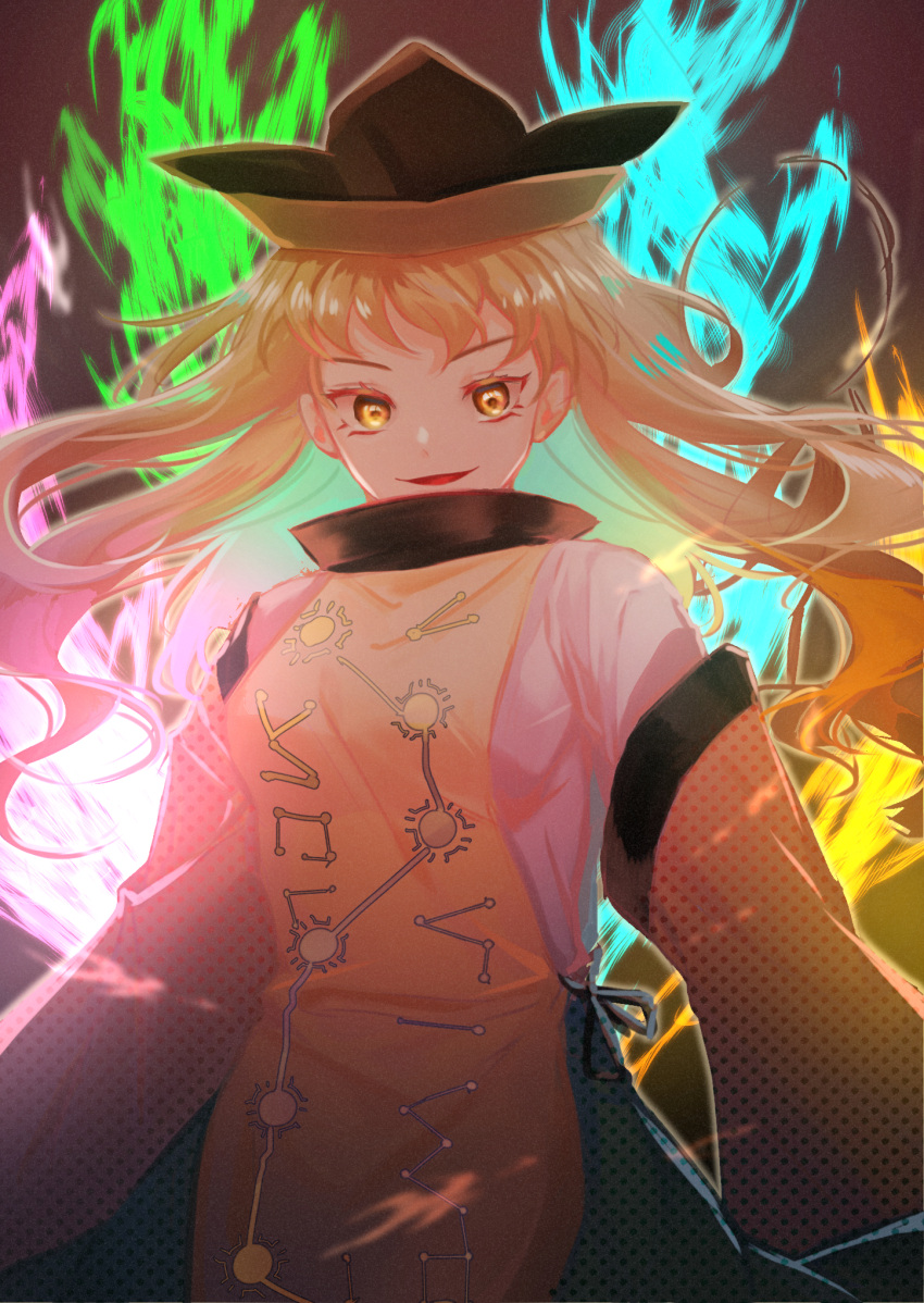 1girl bangs black_headwear blonde_hair breasts dress fire floating_hair hat highres long_hair looking_at_viewer matara_okina medium_breasts multicolored_fire parted_lips repya9 smile solo tabard touhou upper_body white_dress yellow_eyes