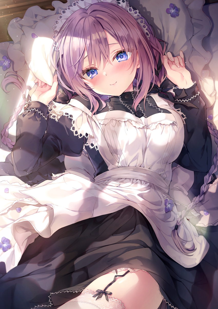 1girl apron black_dress blue_eyes blush braid breasts closed_mouth commentary_request dress frilled_apron frilled_pillow frills hair_between_eyes hair_ornament hands_up highres lace lace-trimmed_apron lace-trimmed_dress lace_trim long_hair long_sleeves looking_at_viewer looking_up lying maid maid_apron maid_headdress medium_breasts original pillow purple_hair rubi-sama smile thigh-highs thighs twin_braids twintails violet_eyes white_apron white_dress