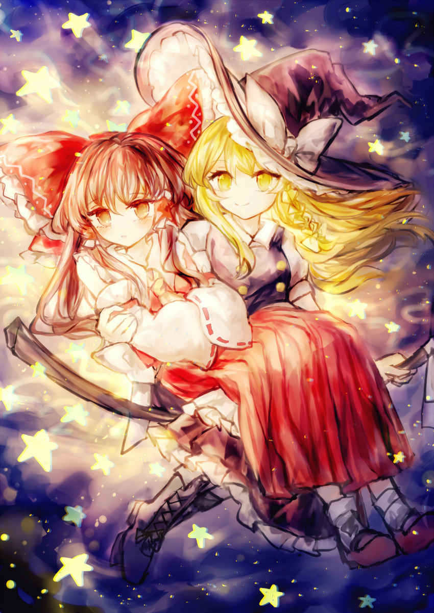 2girls absurdres apron black_footwear black_headwear black_skirt black_vest blonde_hair bobby_socks boots bow braid broom broom_riding brown_hair closed_mouth cross-laced_footwear detached_sleeves expressionless hair_bow hair_ribbon hakurei_reimu hat highres kirisame_marisa long_hair looking_at_viewer mary_janes multiple_girls nebula night outdoors puffy_short_sleeves puffy_sleeves red_eyes red_footwear red_skirt red_vest ribbon sanuo shirt shoes short_sleeves side_braid sitting sitting_on_lap sitting_on_person skirt sky smile socks star_(sky) star_(symbol) starry_sky symbol_commentary touhou tress_ribbon very_long_hair vest waist_apron white_bow white_legwear white_shirt witch_hat yellow_eyes