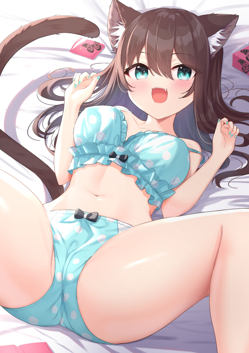 1girl :d animal_ear_fluff animal_ears aqua_bra aqua_eyes aqua_nails aqua_panties ass bare_arms bare_shoulders bed_sheet bra breasts brown_hair cat_ears cat_girl cat_tail fang frilled_bra frills hands_up highres large_breasts long_hair looking_at_viewer lying nail_polish navel on_back on_bed open_mouth original panties smile solo spread_legs stomach strap_slip tail thighs tsukiman underwear