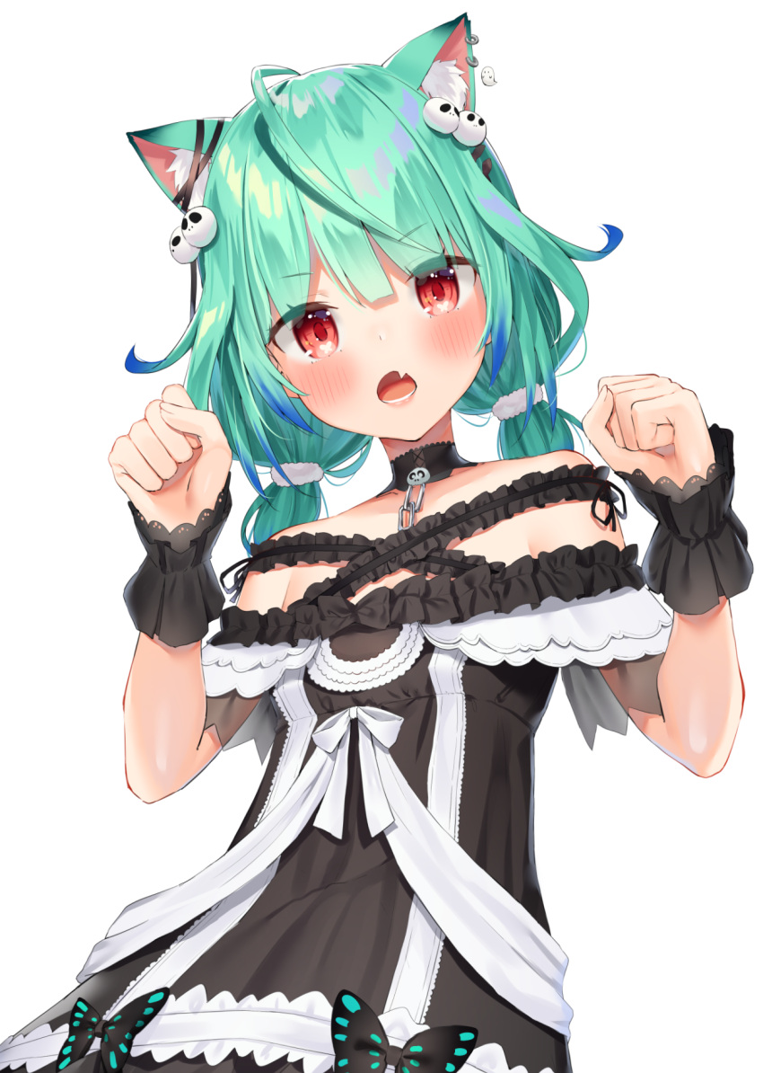 1girl animal_ear_fluff animal_ears bangs bare_shoulders black_dress black_ribbon blue_hair blush bug butterfly cat_ears collarbone dress ear_piercing ear_ribbon eyebrows_visible_through_hair fang green_hair hair_between_eyes hands_up highres hololive insect k_mugura long_hair looking_at_viewer low_twintails multicolored_hair off-shoulder_dress off_shoulder open_mouth piercing red_eyes ribbon simple_background solo twintails two-tone_hair uruha_rushia virtual_youtuber white_background wrist_cuffs