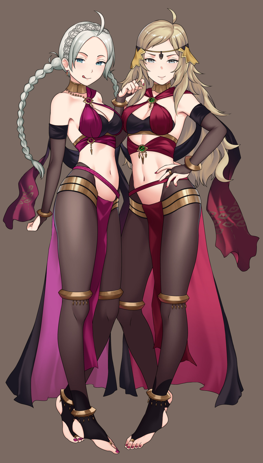 2girls absurdres ahoge bare_shoulders breasts bushidokuroi commission commissioner_upload cosplay dorothea_arnault dorothea_arnault_(cosplay) feet fire_emblem fire_emblem_fates fire_emblem_heroes full_body highres lene_(fire_emblem) lene_(fire_emblem)_(cosplay) medium_breasts midriff multiple_girls navel nina_(fire_emblem) ophelia_(fire_emblem) red_nails twintails