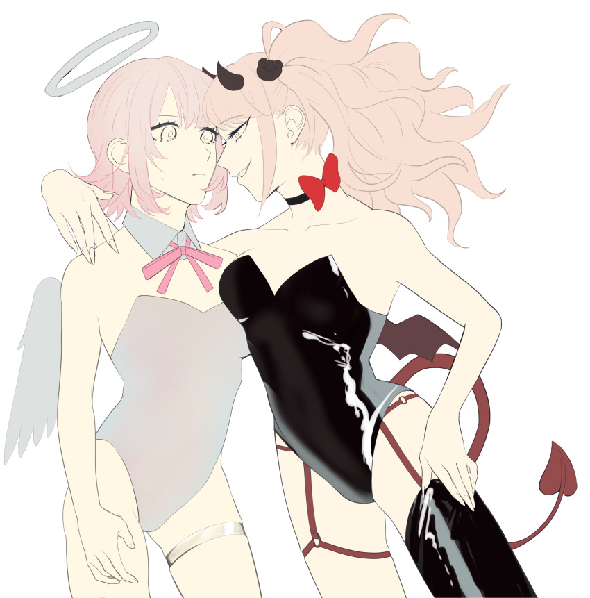 2girls absurdres angel_and_devil angel_wings arm_around_neck bangs bare_shoulders baru_(bar_0405) bear_hair_ornament black_choker black_legwear black_leotard blonde_hair bow breasts brown_eyes choker collarbone commentary_request contrapposto dangan_ronpa:_trigger_happy_havoc dangan_ronpa_(series) dangan_ronpa_2:_goodbye_despair demon_girl demon_horns demon_tail detached_collar enoshima_junko grey_background hair_ornament halo highres horns large_breasts leotard long_hair looking_at_another medium_breasts multiple_girls nanami_chiaki neck_ribbon pale_skin pink_hair pink_leotard pink_ribbon playboy_bunny_leotard red_bow ribbon shiny shiny_clothes short_hair single_thighhigh standing strapless strapless_leotard tail thigh-highs thigh_strap wings