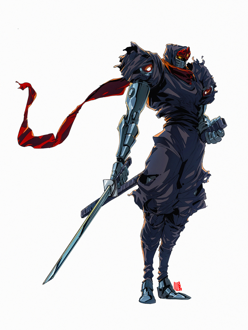 1boy absurdres cyber_shadow cyborg glowing glowing_eye highres holding holding_sheath holding_sword holding_weapon katana male_focus ninja red_scarf scabbard scarf science_fiction sheath signature simple_background solo standing sword torn torn_clothes torn_legwear unsheathed weapon white_background yellow_eyes