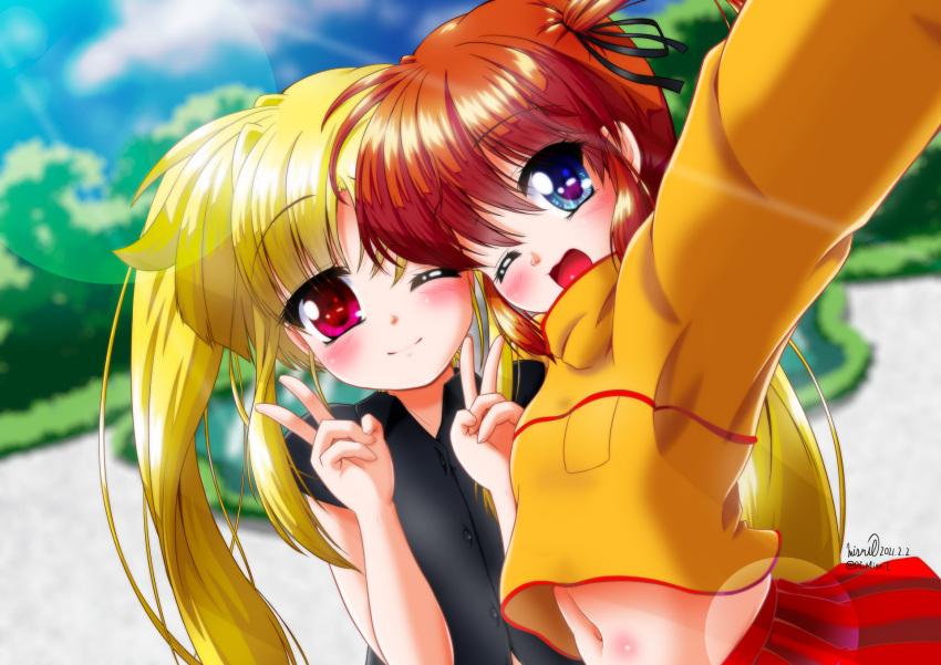 2girls blue_eyes blush brown_hair couple fate_testarossa happy highres lyrical_nanoha mahou_shoujo_lyrical_nanoha mahou_shoujo_lyrical_nanoha_a's midriff misril multiple_girls navel open_mouth red_eyes self_shot short_twintails smile stomach takamachi_nanoha twintails twintails_day yuri