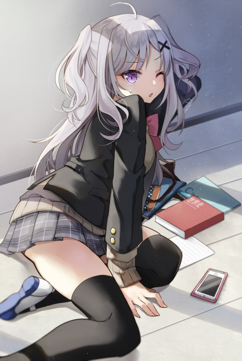 1girl ahoge arm_behind_head arm_up bag black_jacket black_legwear blazer blush bow brown_sweater cellphone commentary_request grey_hair grey_skirt hair_ornament highres jacket long_hair long_sleeves looking_at_viewer nekozuki_yuki on_floor one_eye_closed open_blazer open_clothes open_jacket original parted_lips phone pink_bow plaid plaid_skirt pleated_skirt school_uniform shoe_soles shoes signature skirt sleeves_past_wrists solo sweat sweater thigh-highs two_side_up uwabaki very_long_hair violet_eyes white_footwear x_hair_ornament