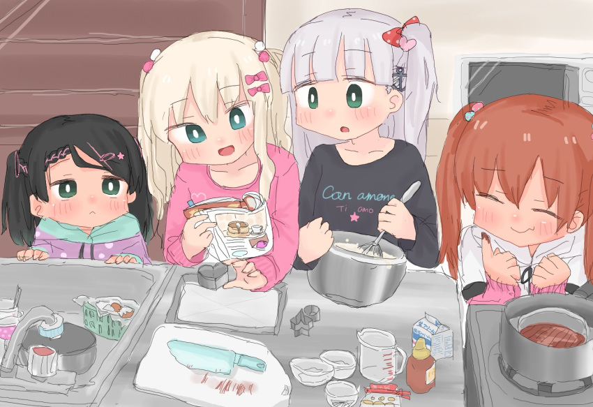 4girls :&lt; anchor_hair_ornament bangs black_hair black_shirt blonde_hair blue_eyes blunt_bangs blush book bowl brown_hair closed_eyes clothes_writing cooking cutting_board eyebrows_visible_through_hair grecale_(kancolle) green_eyes hair_ornament hair_ribbon hairclip indoors kantai_collection knife libeccio_(kancolle) long_hair long_sleeves maestrale_(kancolle) multiple_girls one_side_up open_mouth pink_shirt ribbon scirocco_(kancolle) shirt silver_hair sink twintails wateru whisk