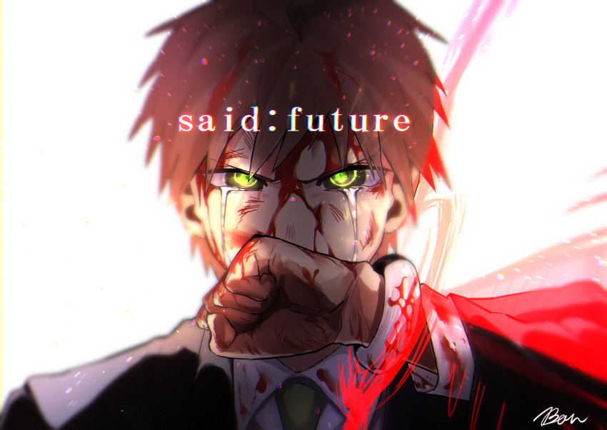 1boy artist_name bangs baru_(bar_0405) black_jacket blood blood_on_face bloody_hands brown_hair commentary_request covering_mouth crying dangan_ronpa_(series) dangan_ronpa_3_(anime) english_text glowing glowing_eyes green_eyes hand_up highres jacket looking_at_viewer male_focus naegi_makoto official_alternate_costume short_hair signature solo streaming_tears tears upper_body white_background
