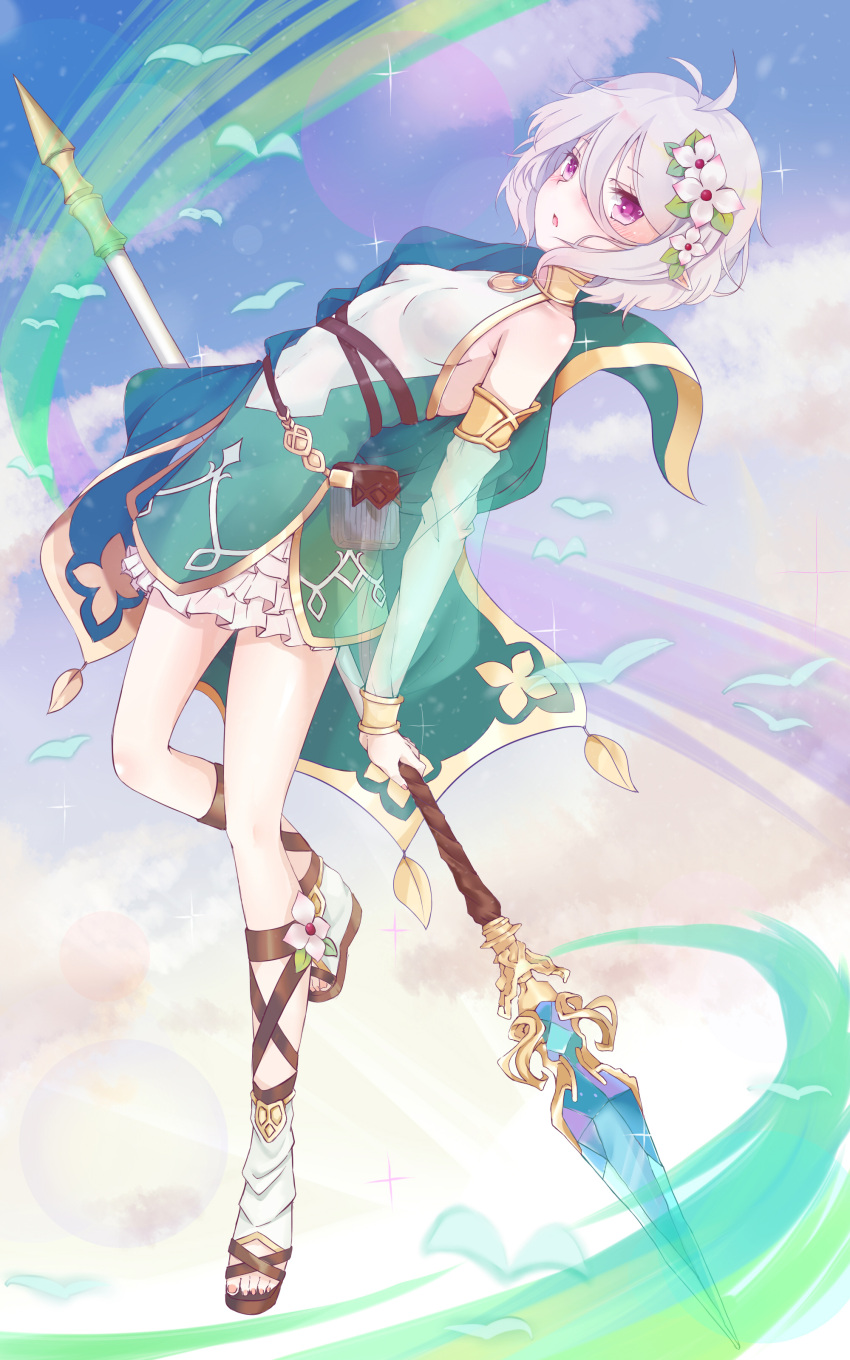 1girl absurdres ahoge arm_guards bangs bare_shoulders bird blue_eyes blush breasts clouds detached_sleeves dress eyebrows_visible_through_hair flower from_side full_body hair_between_eyes hair_flower hair_ornament highres holding holding_weapon jewelry kaminarichyan kokkoro_(princess_connect!) looking_at_viewer looking_to_the_side multicolored multicolored_clothes multicolored_dress neck_ring parted_lips princess_connect! princess_connect!_re:dive short_hair sidelocks silver_hair sky sleeveless small_breasts solo thighs weapon wind wrist_guards