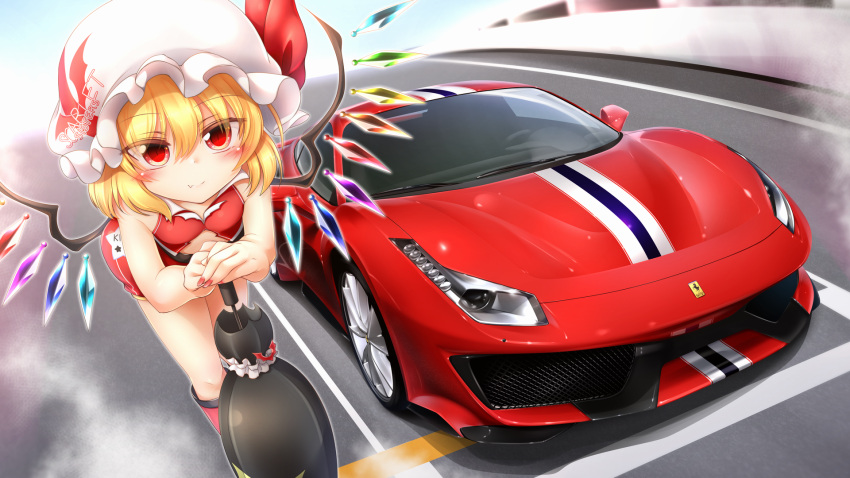 1girl blonde_hair boots clothes_writing crop_top crystal fang ferrari ferrari_488 fingernails flandre_scarlet ground_vehicle hat highres leaning_forward leaning_on_object looking_at_viewer m9kndi mob_cap motor_vehicle racequeen red_eyes red_footwear red_shorts shirt short_hair short_shorts shorts skin_fang sleeveless sleeveless_shirt thigh-highs thigh_boots touhou umbrella wings