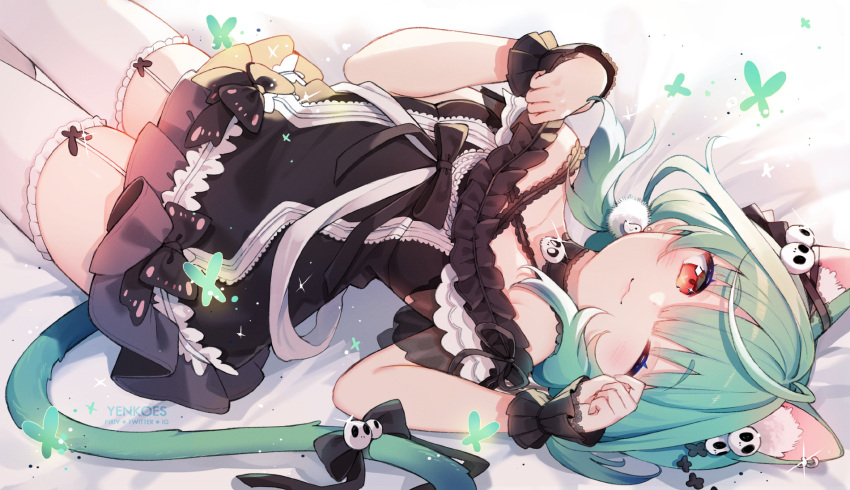 1girl :3 animal_ear_fluff animal_ears artist_name bangs bare_shoulders black_bow black_dress blush bow bug butterfly cat_ears cat_tail choker closed_mouth collarbone dress eyebrows_visible_through_hair flat_chest frilled_dress frills garter_straps green_hair green_tail hair_ornament highres hololive insect looking_at_viewer lying off-shoulder_dress off_shoulder on_back one_eye_closed paw_pose red_eyes short_hair smile solo tail thigh-highs uruha_rushia virtual_youtuber white_legwear yennineii
