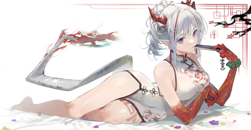 1girl absurdres arknights bare_legs barefoot bead_bracelet beads bracelet branch breasts character_name china_dress chinese_clothes colored_skin commentary dragon_horns dragon_tail dress fan flower folding_fan full_body hatachi8p highres holding holding_fan horns jewelry looking_at_viewer lying medium_breasts medium_hair multicolored multicolored_hair multicolored_skin nian_(arknights) nian_(unfettered_freedom)_(arknights) official_alternate_costume on_side petals pointy_ears ponytail prayer_beads red_skin redhead silver_hair simple_background sleeveless sleeveless_dress solo streaked_hair tail thighs two-tone_hair violet_eyes white_background white_dress