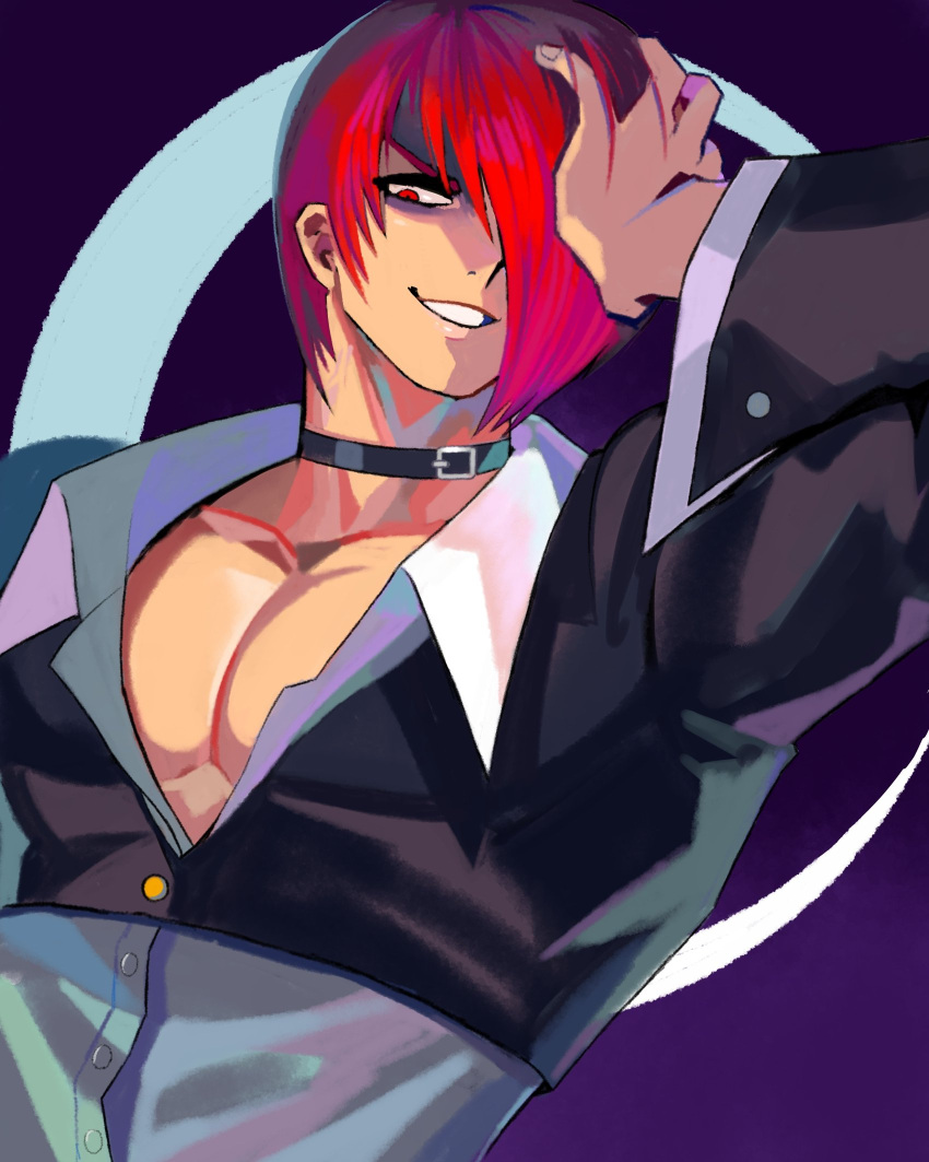 1boy choker denaseey hair_over_one_eye highres jacket jewelry laughing male_focus moon open_mouth red_eyes redhead shirt short_hair smile snk solo the_king_of_fighters the_king_of_fighters_'95 yagami_iori
