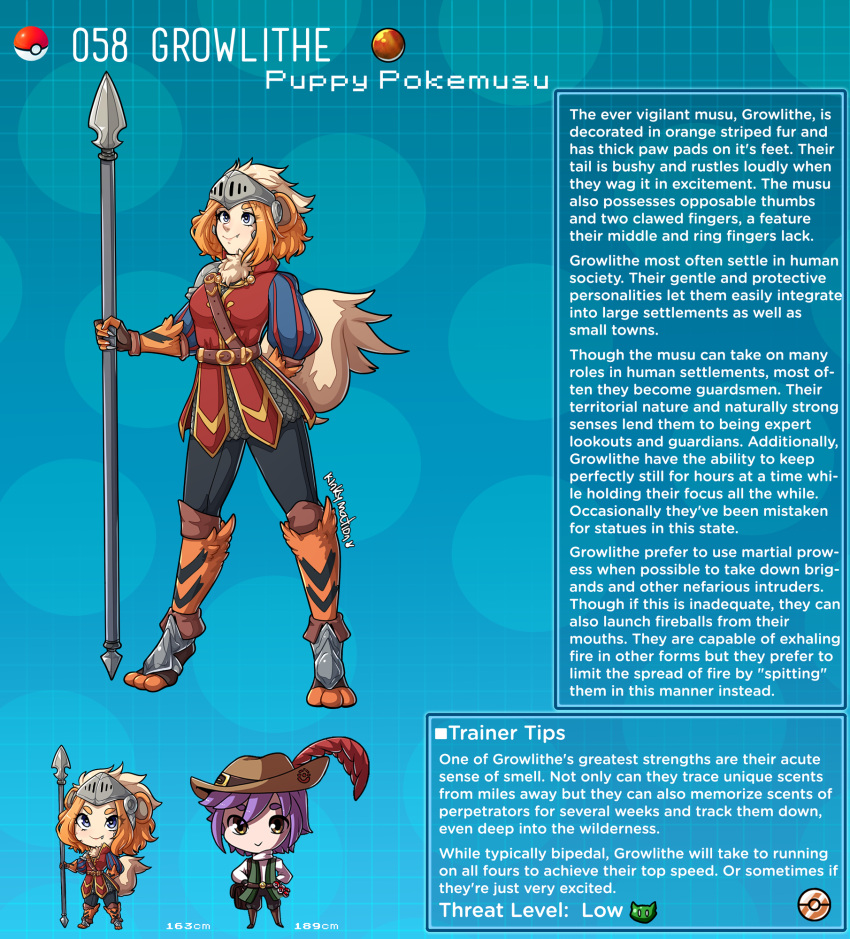 1boy 1girl animal_ears arm_behind_back armor artist_name blue_eyes character_name character_profile digitigrade dog_ears dog_girl english_text fang fur_collar gen_1_pokemon greaves growlithe hat heart heart-shaped_pupils highres holding holding_spear holding_weapon juliet_sleeves kinkymation long_sleeves orange_hair personification poke_ball poke_ball_(basic) pokemon polearm puffy_sleeves purple_hair scale_armor single_pauldron smile spear symbol-shaped_pupils tail visor_(armor) weapon