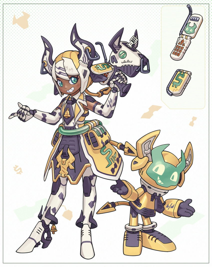 1girl android animal_print bell cellphone chinese_zodiac cow_print dark_skin english_commentary finger_on_trigger full_body green_eyes grin highres horn_ornament horn_ring horns joints looking_at_viewer lordyanyu mechanical_tail necktie original phone robot robot_joints smile tail year_of_the_ox