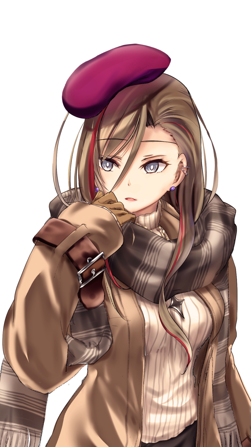 1girl bangs beret breasts brown_coat brown_gloves brown_hair coat commentary_request earrings eyebrows_visible_through_hair fringe_trim gloves grey_eyes hair_between_eyes hand_up hat highres jewelry kimura_shuuichi kurusu_natsume looking_away looking_to_the_side medium_breasts multicolored_hair nijisanji open_clothes open_coat red_headwear redhead ribbed_sweater scarf simple_background solo streaked_hair sweater turtleneck turtleneck_sweater virtual_youtuber white_background white_sweater