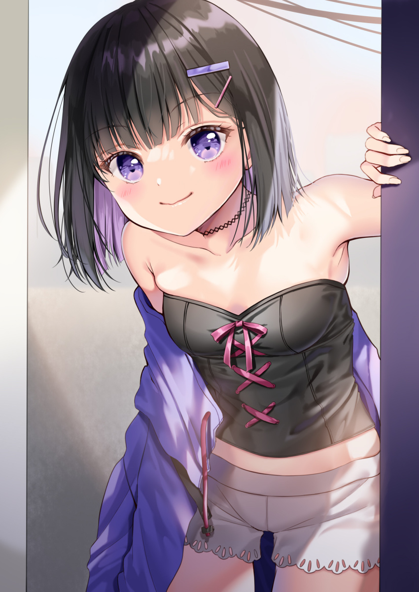 1girl bare_shoulders black_hair blush breasts closed_mouth collarbone commentary_request crop_top hair_ornament hairclip hand_up highres jacket looking_at_viewer midriff multicolored_hair off_shoulder original purple_hair purple_jacket short_shorts shorts small_breasts smile solo standing strapless tubetop two-tone_hair violet_eyes white_shorts yoshida_iyo