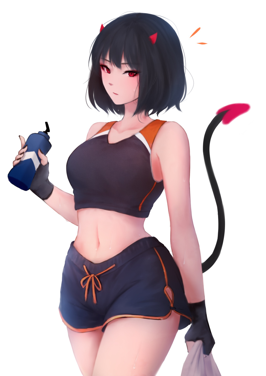 1girl absurdres bangs bare_shoulders black_gloves black_hair black_shorts black_tank_top bottle breasts closed_mouth collarbone crop_top demon_girl demon_horns demon_tail fingerless_gloves gloves highres holding holding_bottle horns looking_at_viewer medium_breasts midriff navel notice_lines original red_eyes shimmer short_hair short_shorts shorts simple_background solo tail tail_raised tank_top white_background