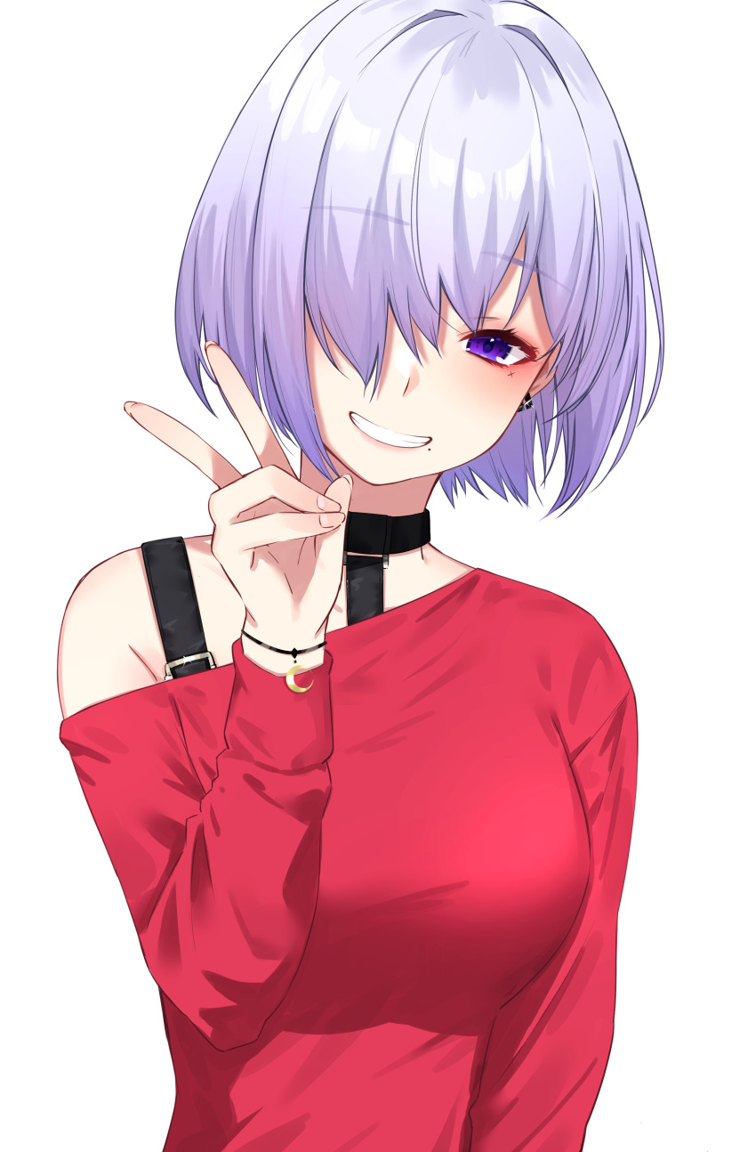 1girl absurdres arm_at_side bob_cut bracelet breasts earrings grin hand_up highres ichiki_1 jewelry large_breasts looking_at_viewer mole mole_under_mouth original purple_hair red_shirt shirt short_hair simple_background smile solo upper_body v white_background