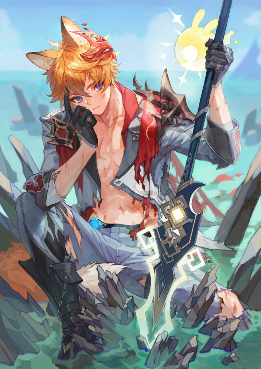 1boy absurdres animal_ears bangs black_gloves blood closed_mouth day fox_ears fox_tail genshin_impact gloves hair_between_eyes highres holding holding_weapon injury jacket male_focus mask mask_on_head open_clothes open_jacket orange_hair outdoors partially_submerged pectorals polearm red_gloves saber_beam scar scar_on_chest scarf seelie_(genshin_impact) sky spear tail tartaglia_(genshin_impact) torn_clothes vision_(genshin_impact) water weapon