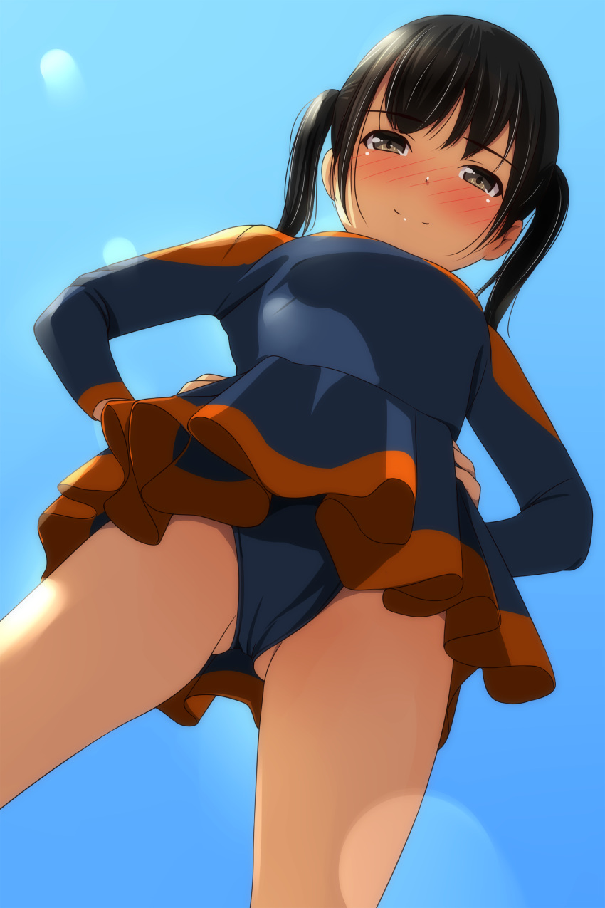 1girl absurdres ass_visible_through_thighs bangs black_hair blue_leotard blue_sky blush breasts brown_eyes closed_mouth day eyebrows_visible_through_hair from_below hands_on_hips highres leotard looking_at_viewer looking_down matsunaga_kouyou medium_breasts nose_blush original outdoors sky smile solo twintails