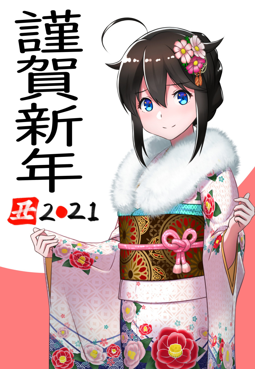 1girl 2021 absurdres ahoge akeome alternate_hairstyle blue_eyes braid commentary_request cowboy_shot floral_print flower fur-trimmed_kimono fur_trim hair_flaps hair_flower hair_ornament happy_new_year highres japanese_clothes kantai_collection kimono looking_at_viewer new_year porupurucha remodel_(kantai_collection) shigure_(kancolle) solo tied_hair two-tone_background white_background white_kimono