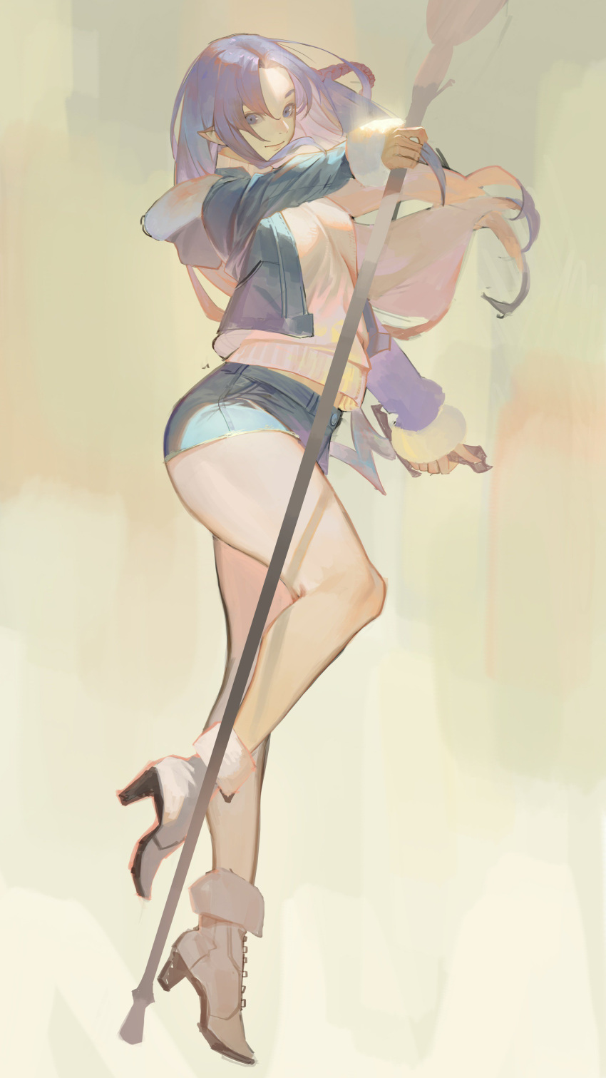1girl absurdres blue_eyes blue_hair braid character_request controlline3 dagger denim dual_wielding fate/grand_order fate_(series) hair_between_eyes high_heels highres holding holding_dagger holding_staff holding_weapon hood hood_down hoodie light_blue_hair long_hair painterly pointy_ears short_shorts shorts sleeves_past_wrists smile solo staff turtleneck weapon white_hoodie